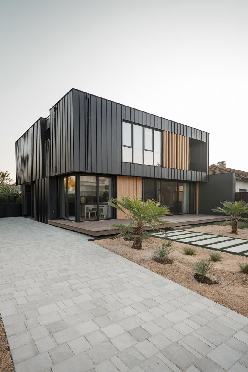 Black modern house with angular design and desert landscaping