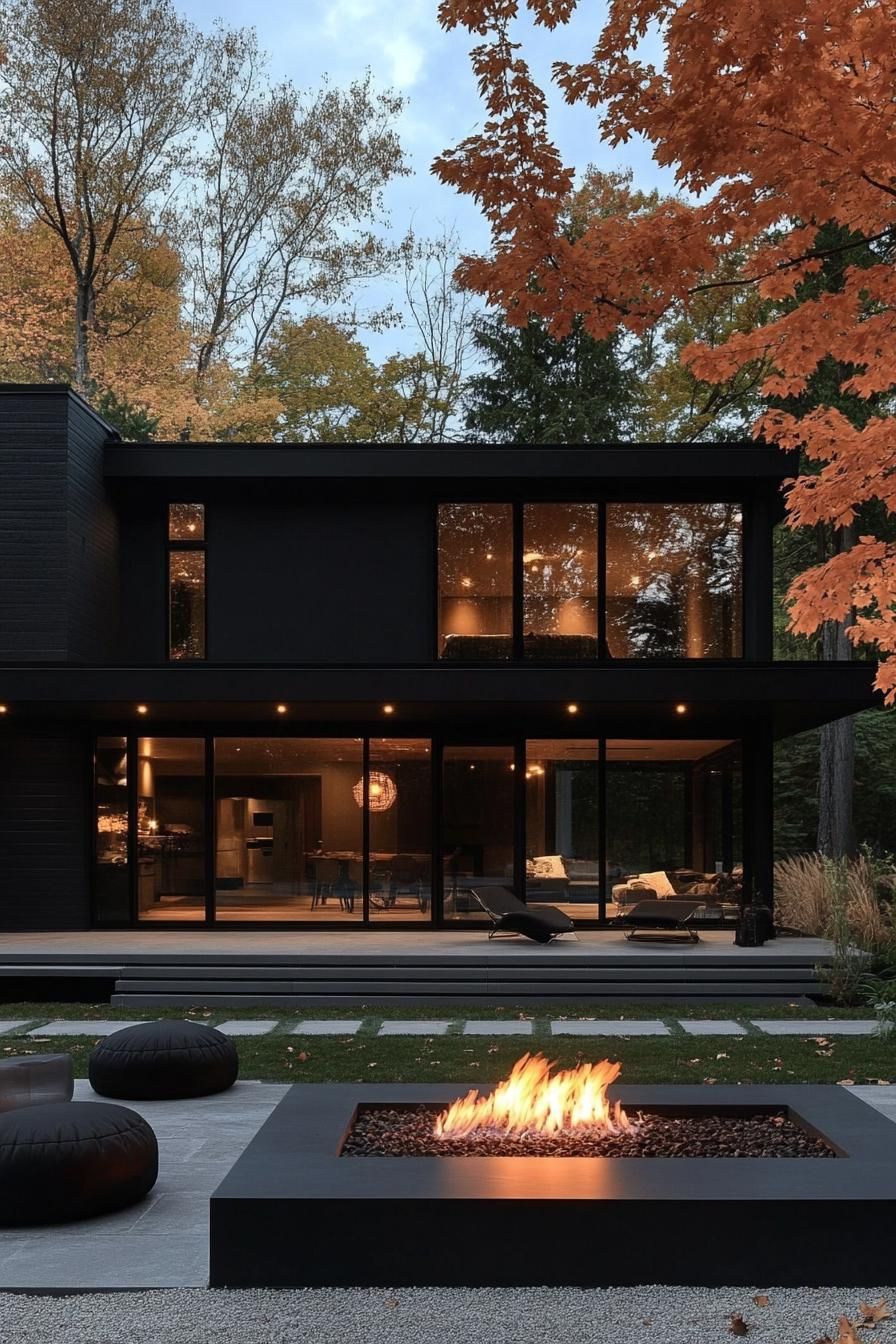 modern villa design in black siding full wall windows large front yard with japanese rend maples lounge area with gas firepit and puffy lounge