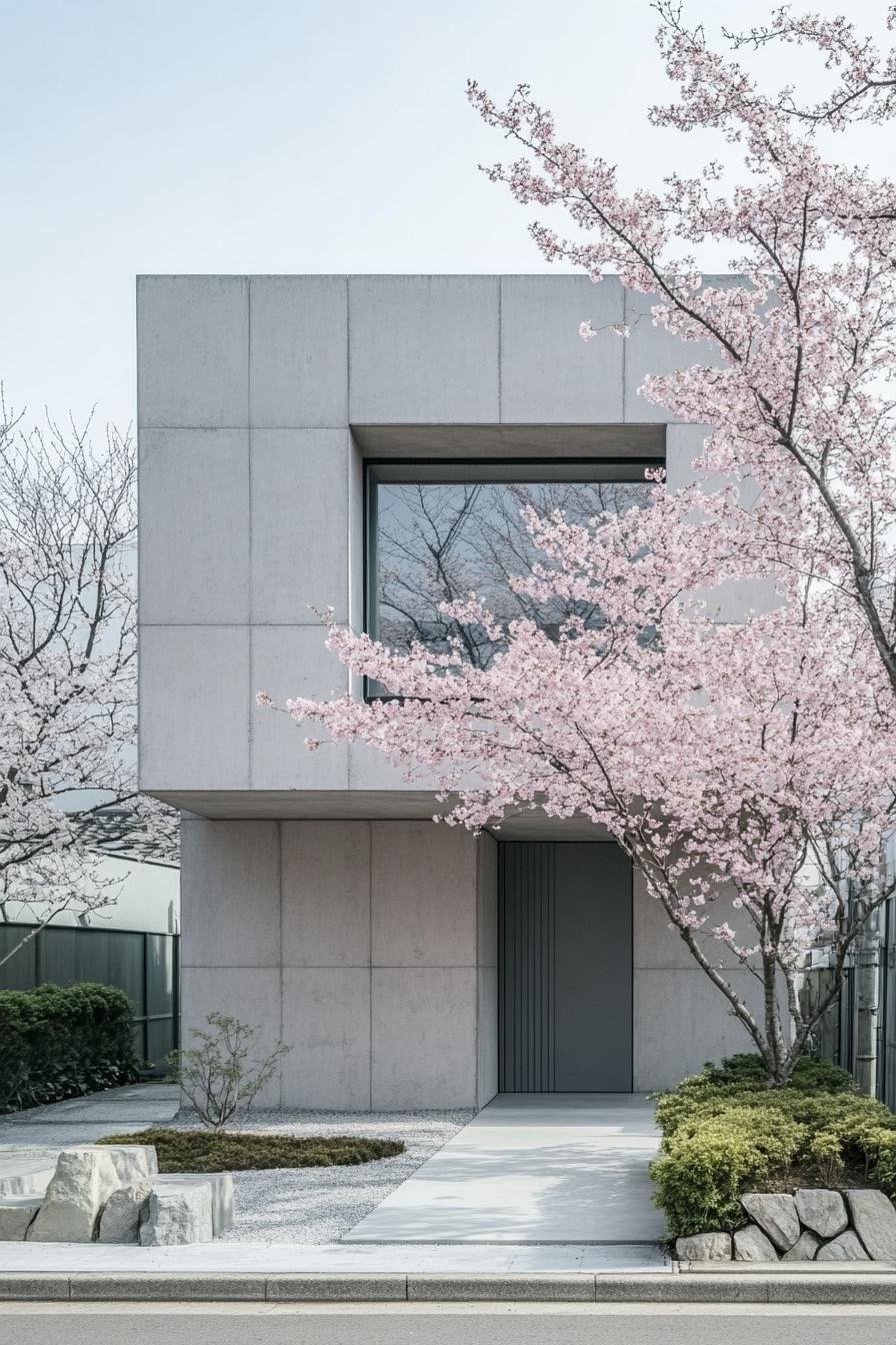 Modern minimalist house with cherry blossoms