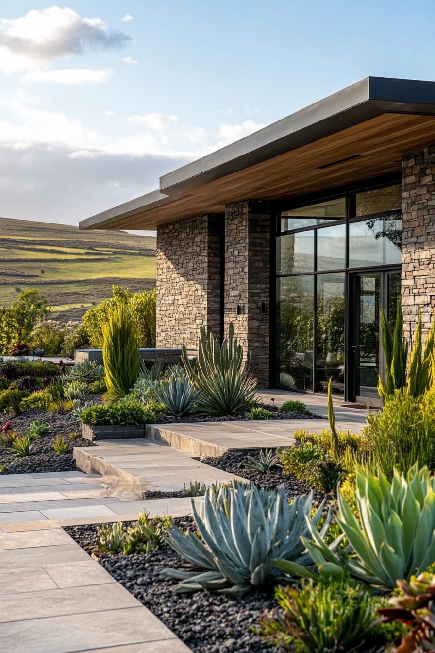 Modern bungalow with stone facade and lush landscaping