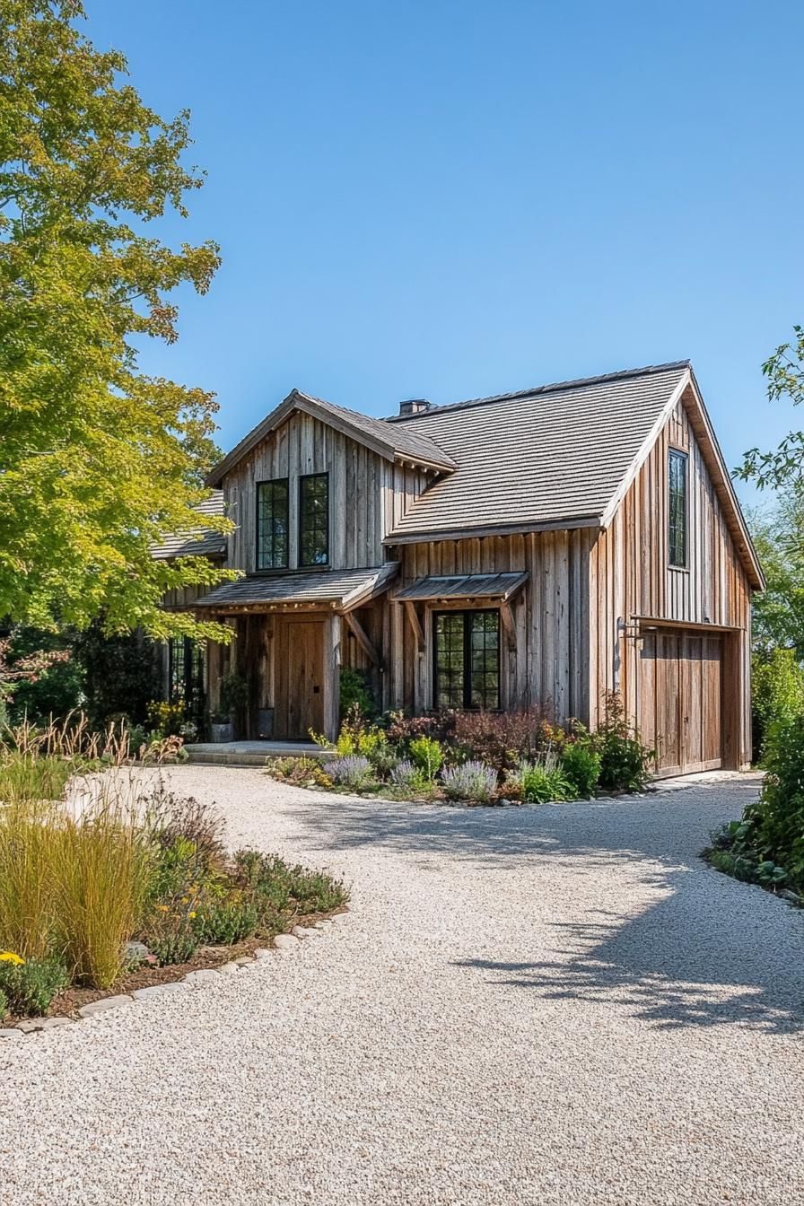 moder barn style countryside house with reclaimed wood siding gravel driveway 1