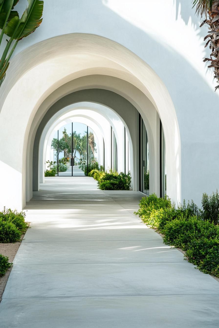 minimalist refined aesthetic courtyard architecture white concrete arches curved ceiling openings arched glass doors visible at far end concrete 3