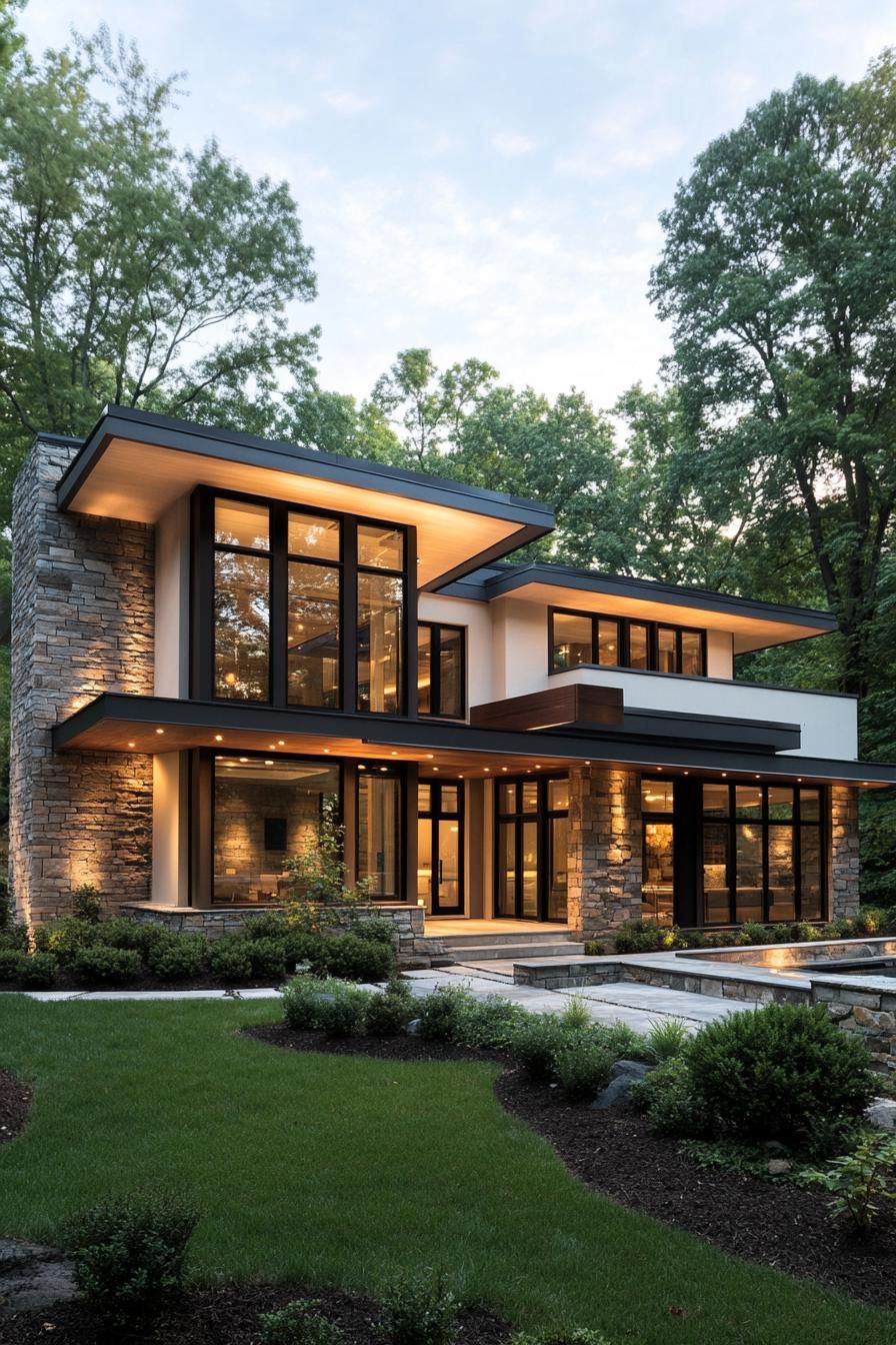 Contemporary house with large windows and stone accents in a wooded setting