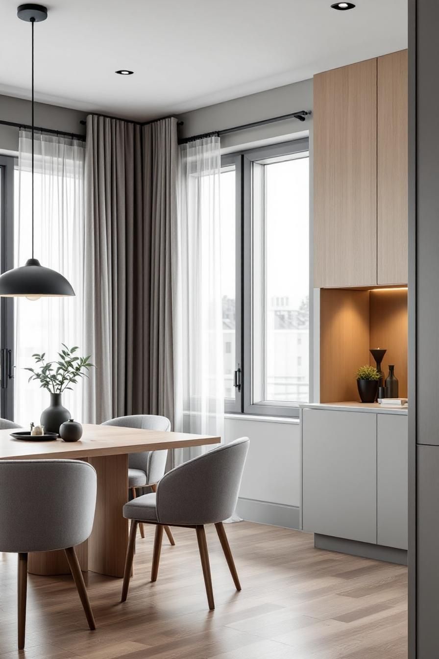 Minimalist dining area with wooden accents and soft lighting