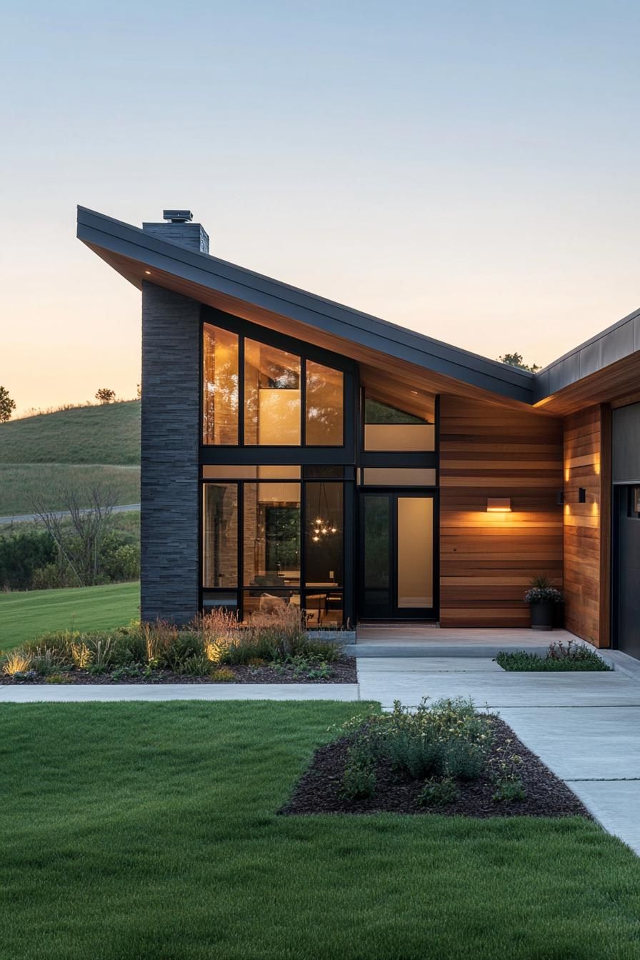 Modern house with a skillion roof and large glass windows