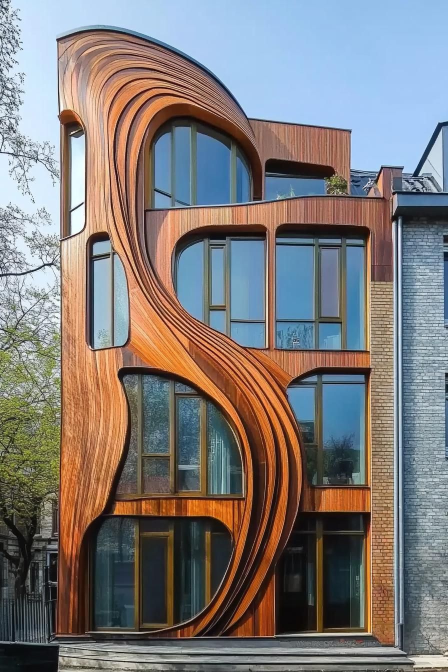 Wooden facade with flowing, wavy design