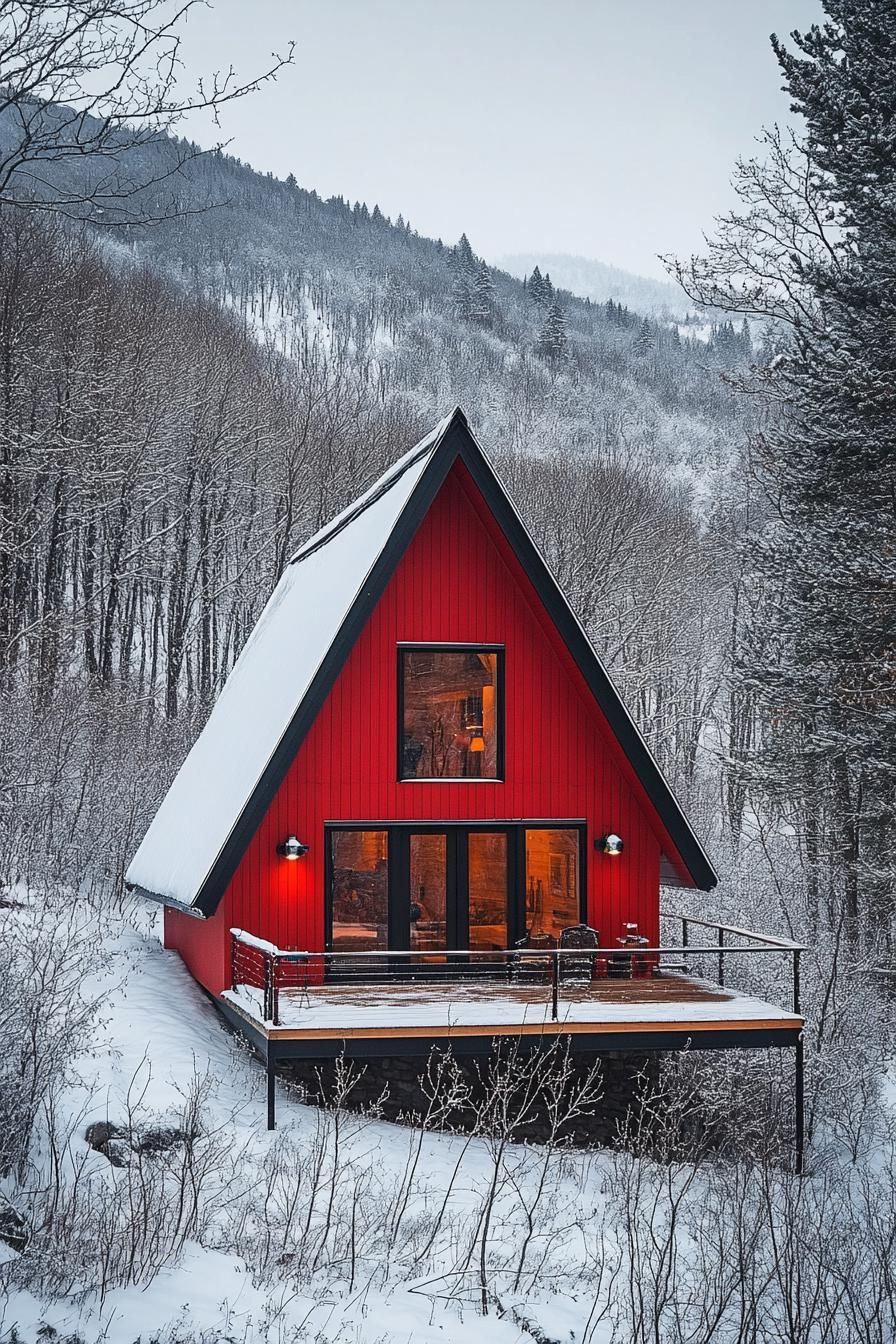 Cozy red A-frame cabin amidst snowy trees