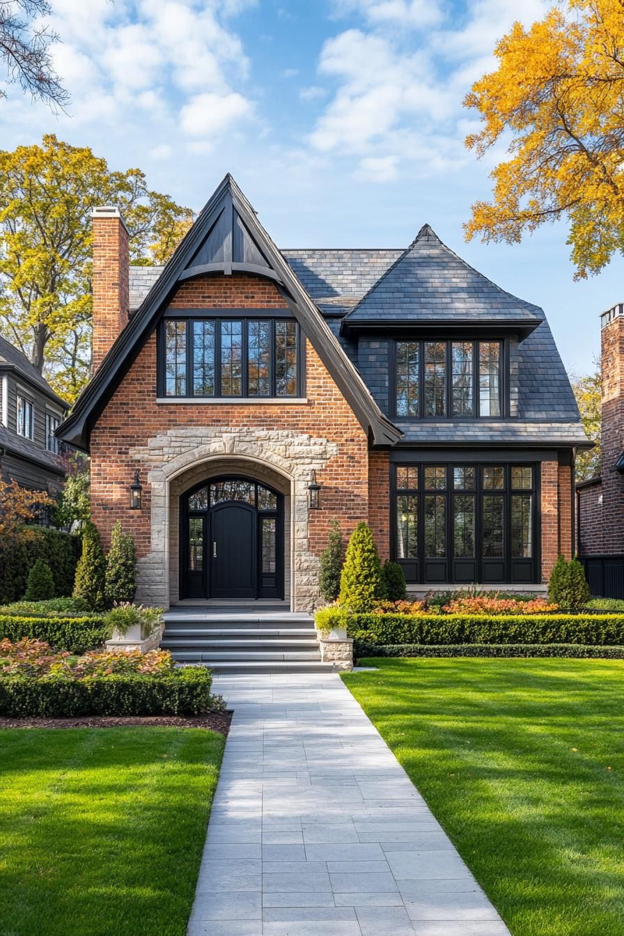 Modern Tudor house with brick and stone facade