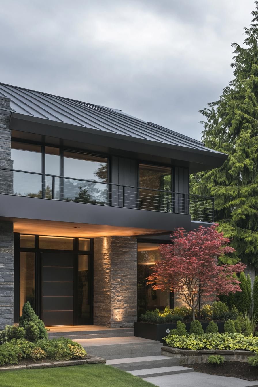 Modern two-story house with dark metal roof and vibrant garden