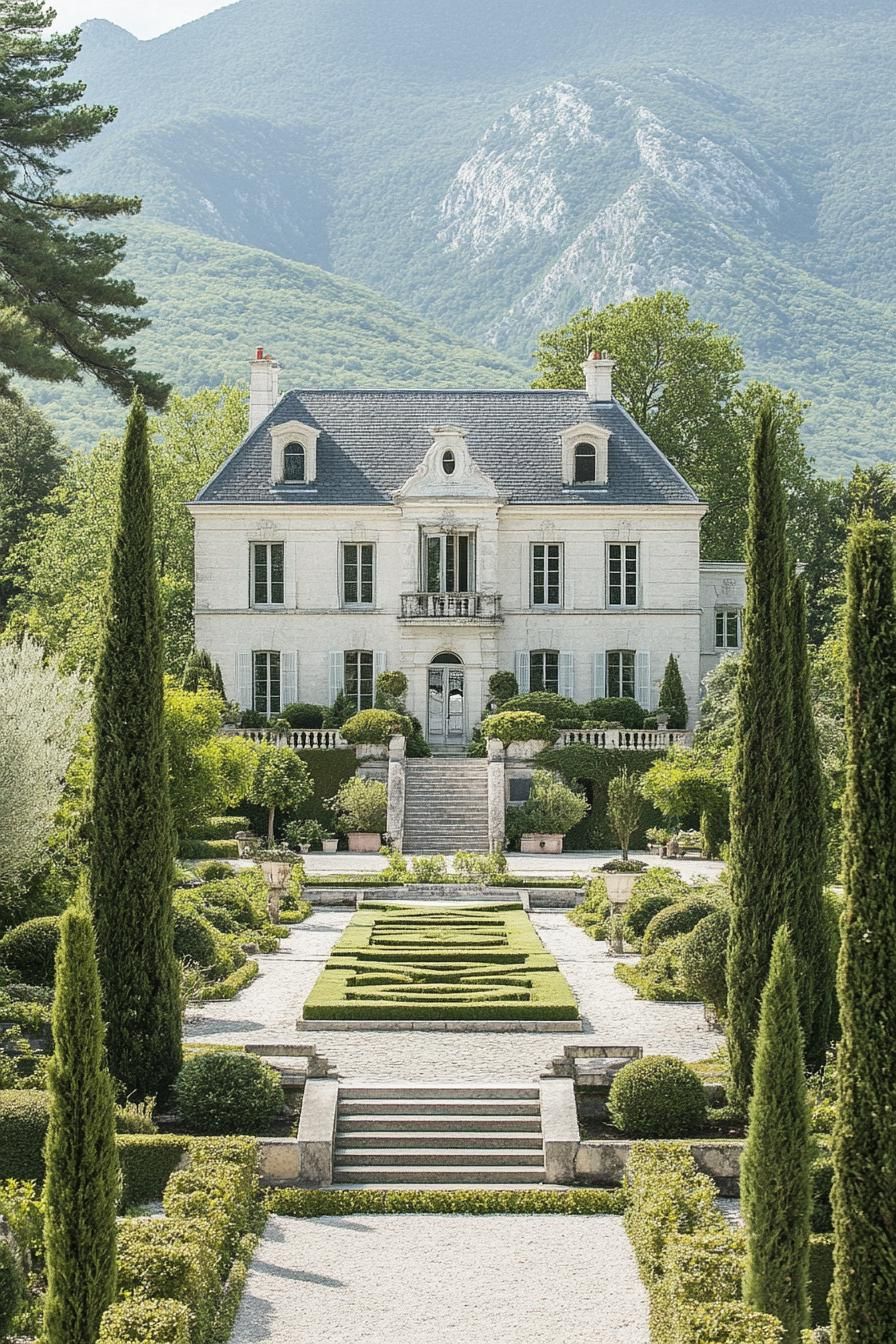 high angle view of French white manor with grey roof facade with detailing large front garden with geometric shrubs and paven paths with steps