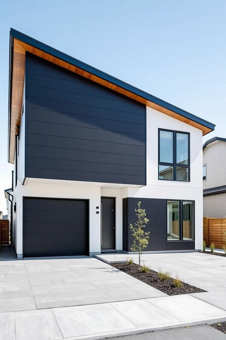 Modern house with a skillion roof and black accents