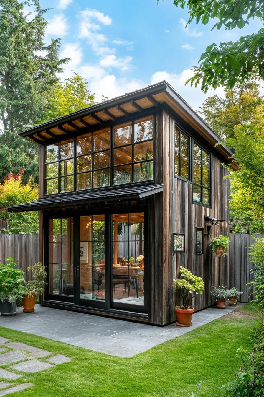 Cozy two-story shed with large windows and wood paneling