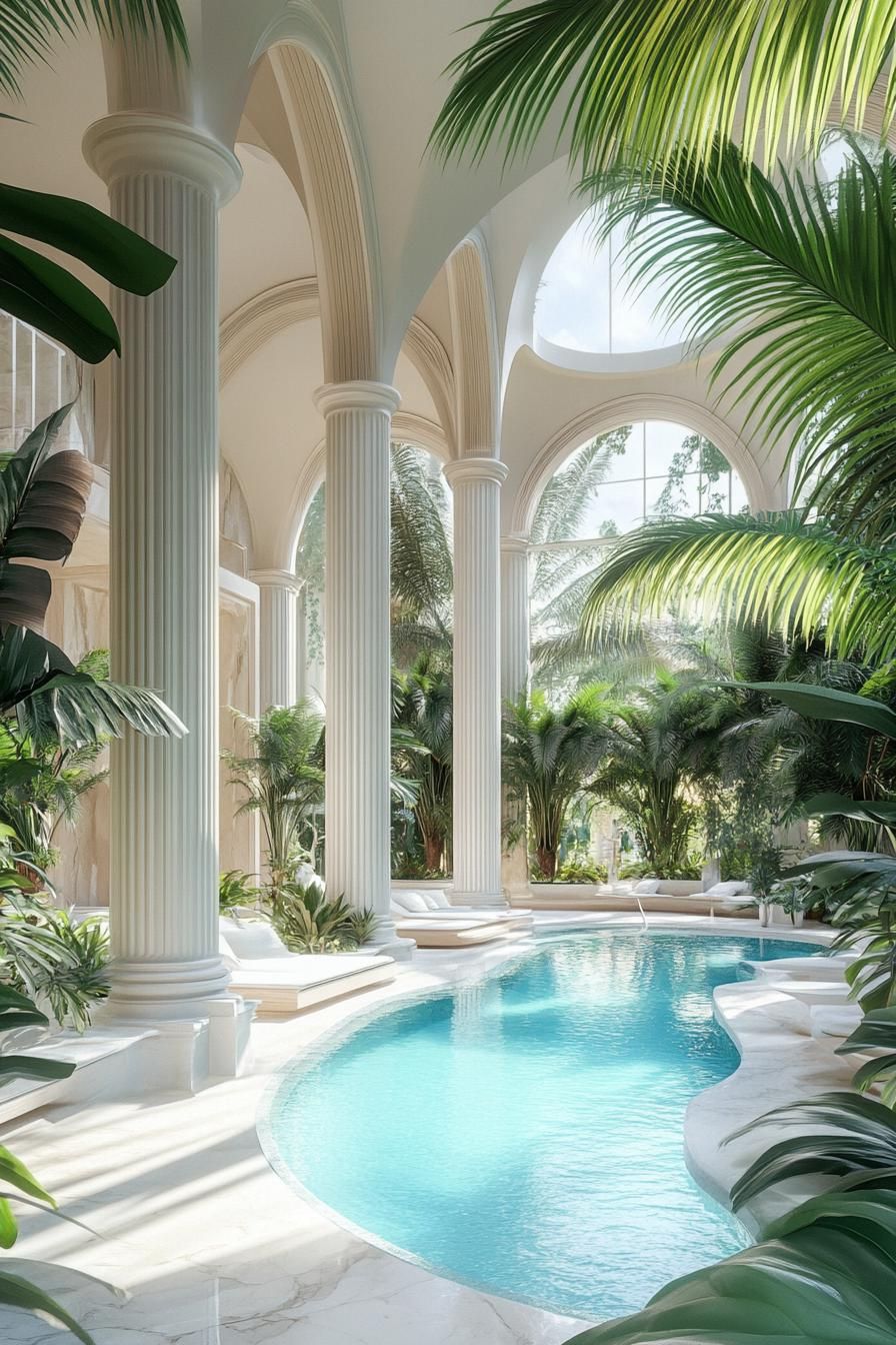 tall white marble arches and columns around a large curvy pool surrounded with lush green plants palms dreamscape architecture 3