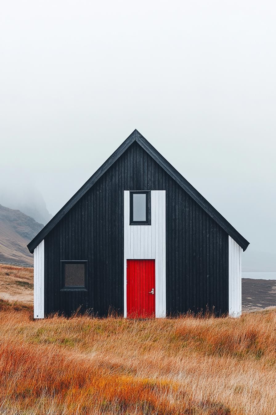 Wooden house with bold red door in a misty field