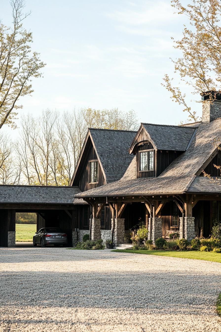 countryside barn style house with dark wood siding grey stone roof tile roof with gables front porch with post beams theres a large carport and 2