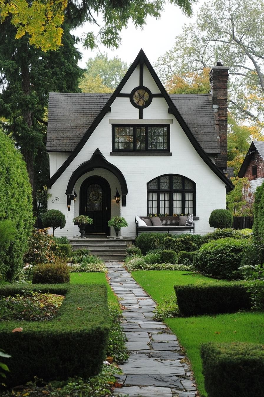 White Tudor-style home with dark trim and lush garden