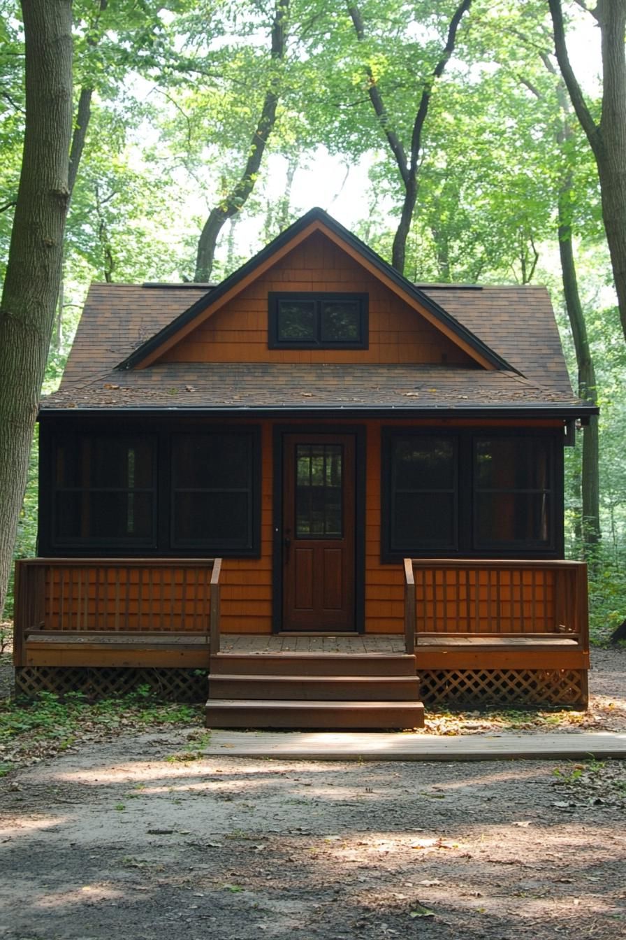 Small wooden cabin surrounded by trees