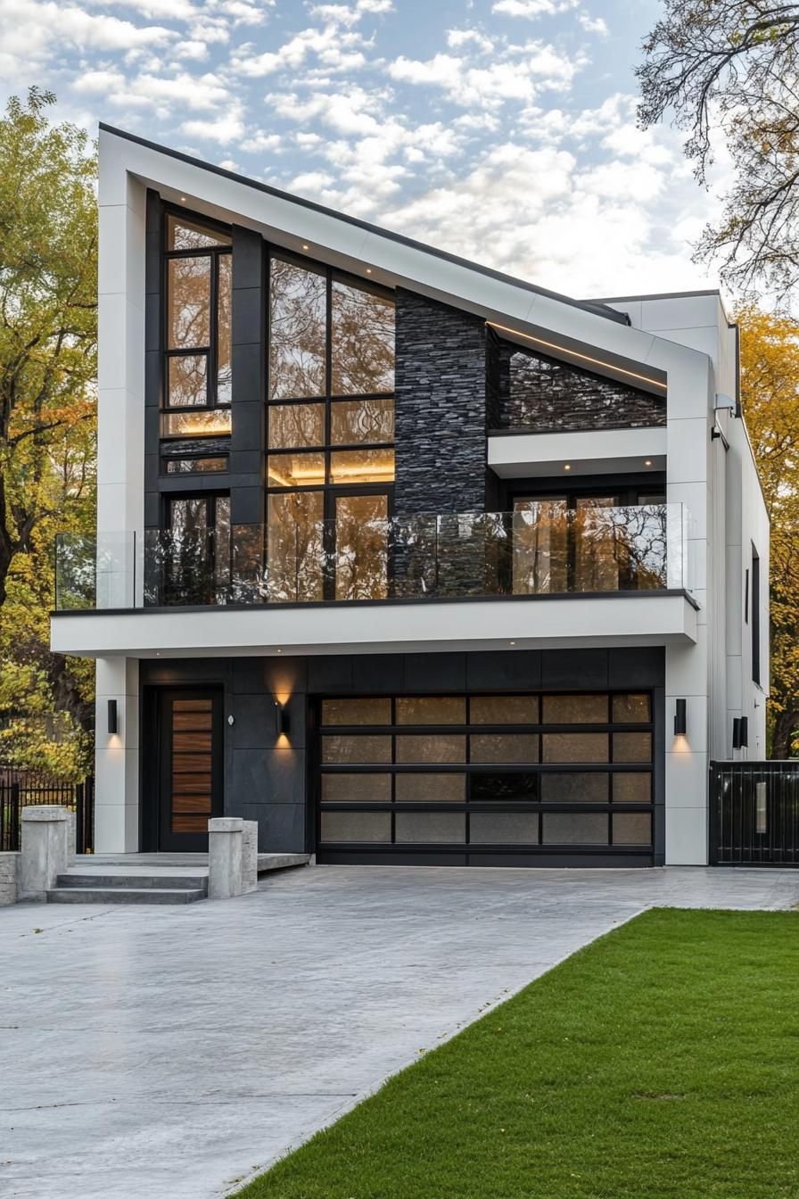 modern villa design with geometric facade white siding with black slate accents large balcony with glass railings garage underneath concrete 1