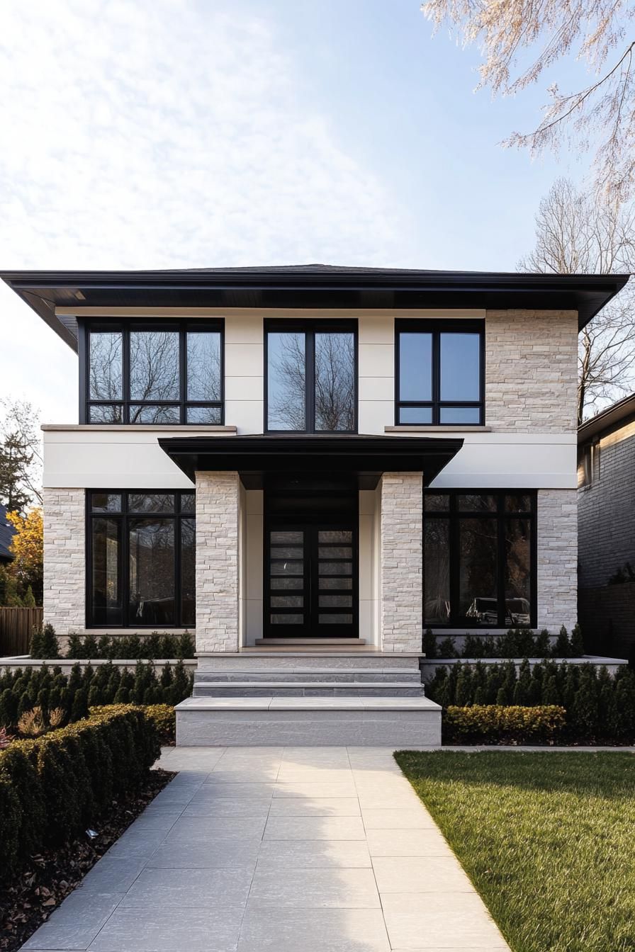 Modern two-story house with stone and large windows