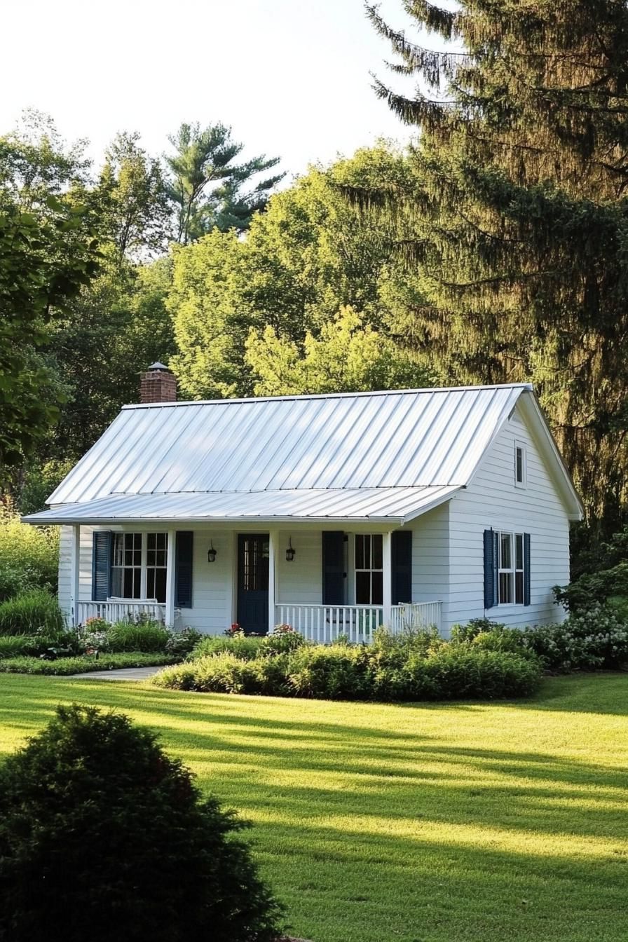 Charming white cottage nestled in a lush green garden