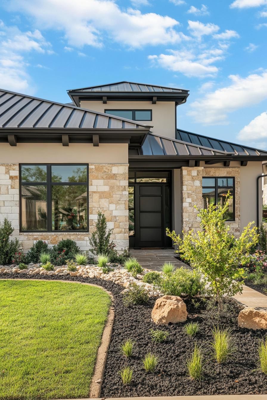 Modern house with stone facade and black roof