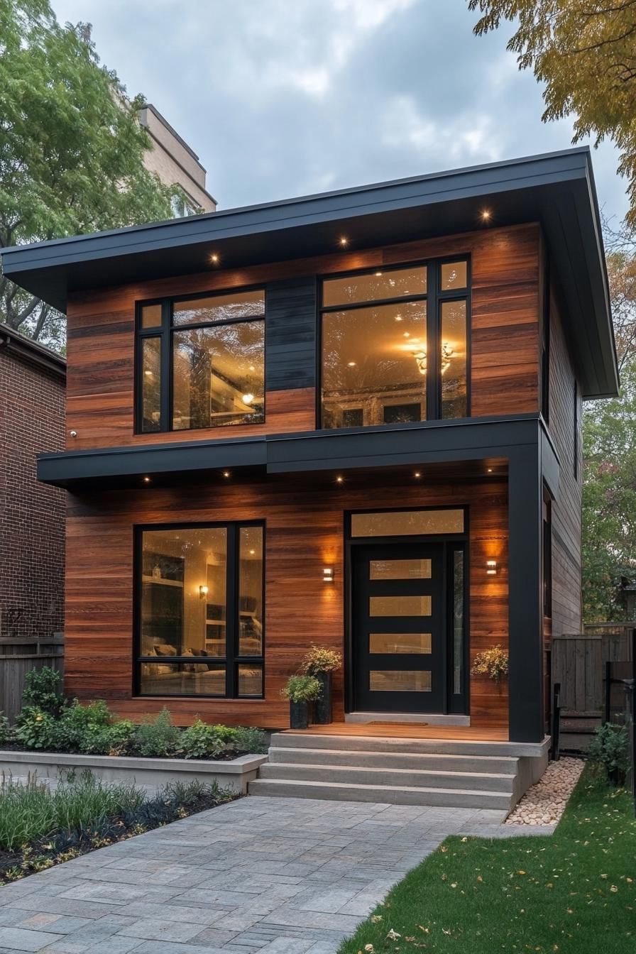 Stylish modern facade with warm wooden panels and large windows