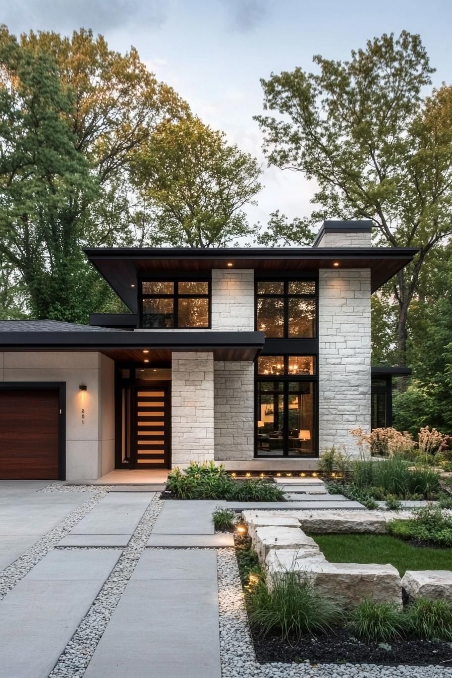 contemporary house exterior with flat roof white stone brick siding dark stained wood accents wooden garage and front door full wall modern 2