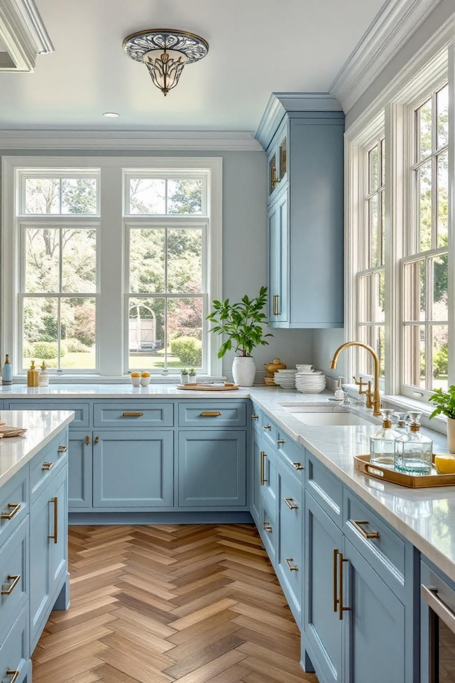 Bright kitchen with blue cabinets and chevron floor