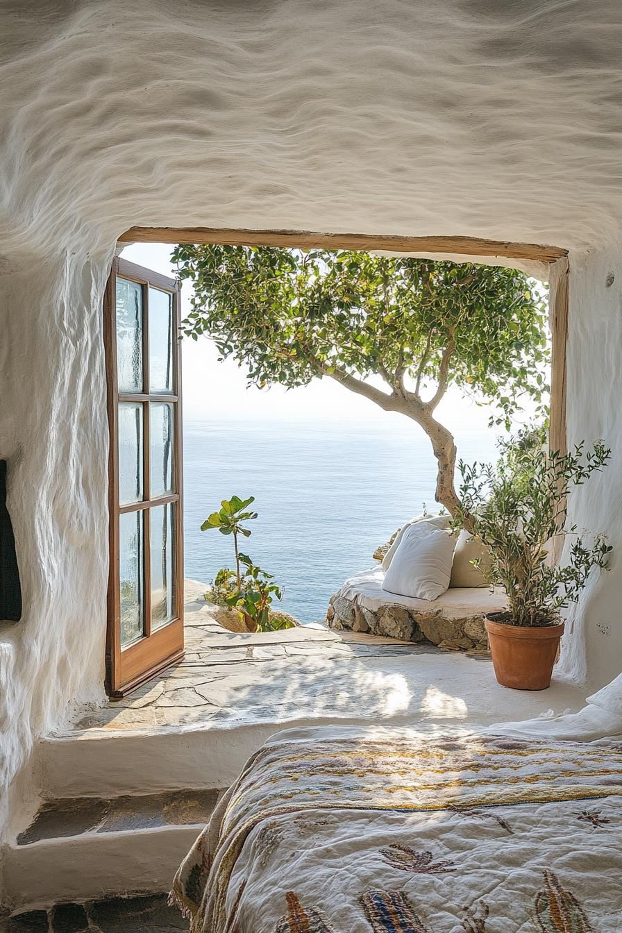 whitewashed cliff cob house bedroom with potted tree steps extensive glass windows overlooking stuning ocean views 1