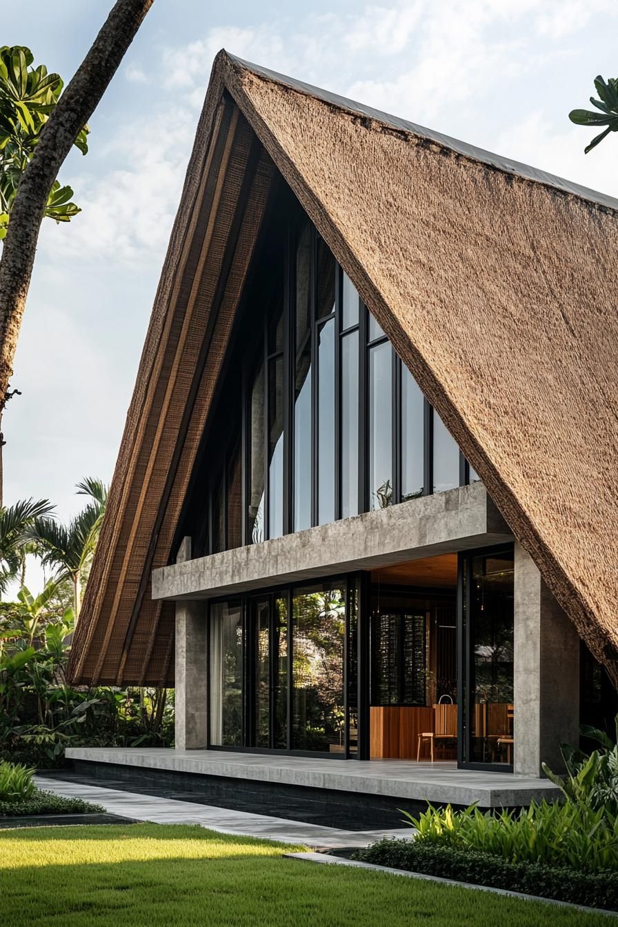 Bali house with slanted thatched roof and large windows