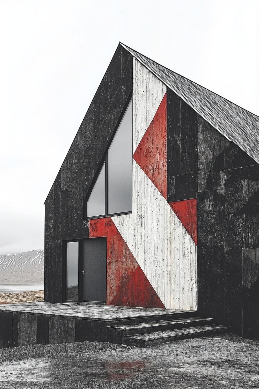 Modern house with black, white, and red geometric wood facade