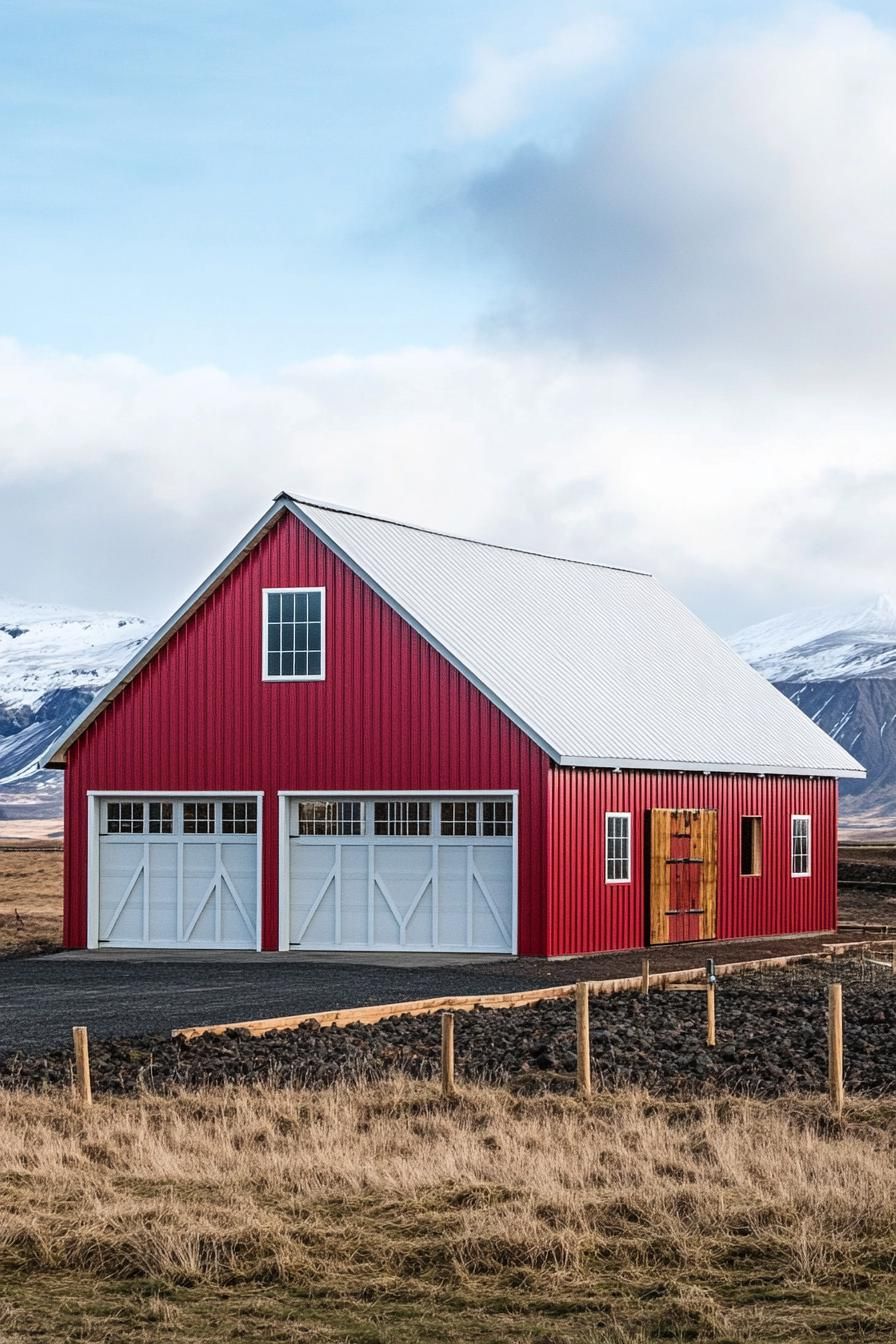 large red metal shouse barndominium with white barn roof large garage doors porch with small roof and wooden beam posts on brick foundations scenic 1