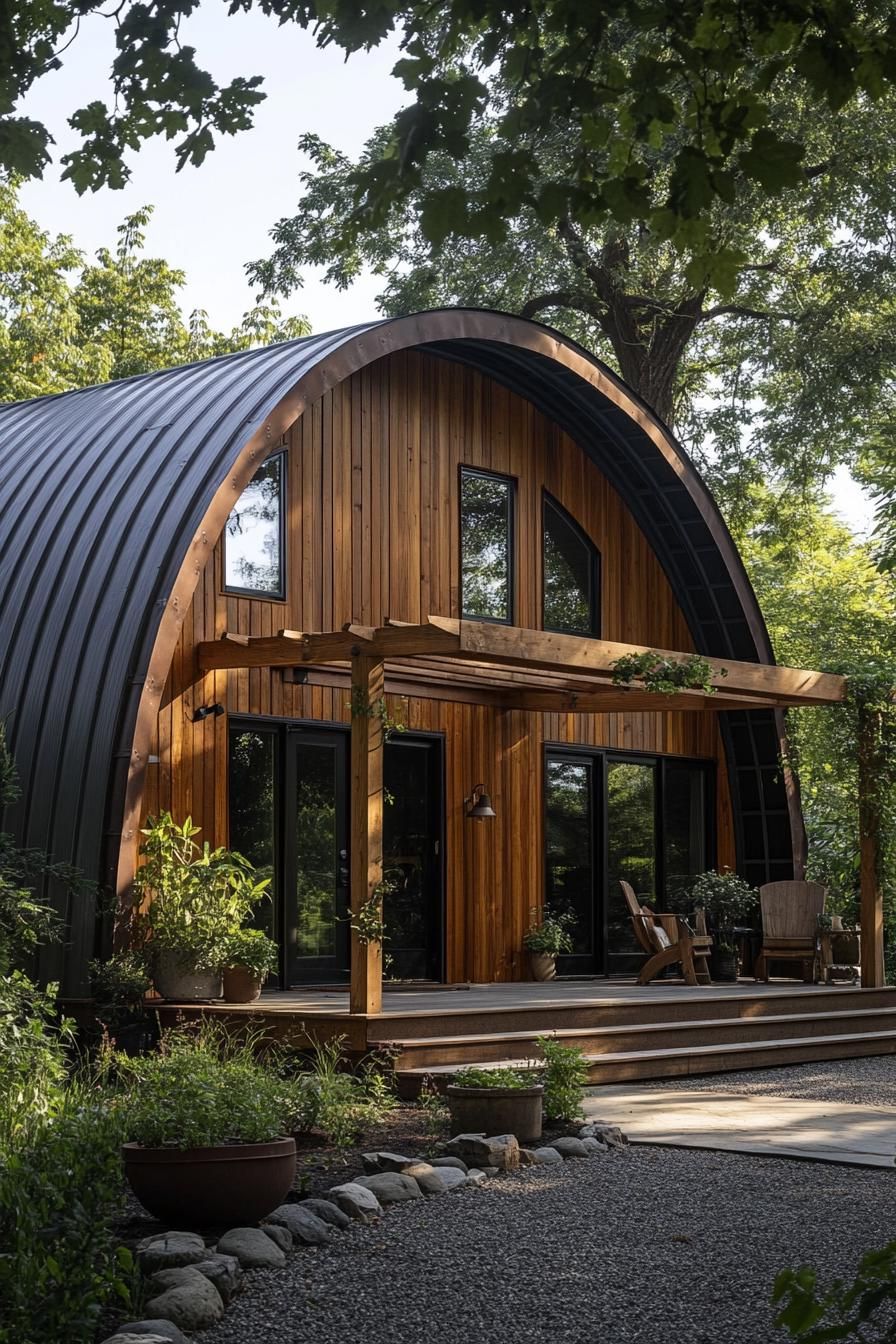 Quonset home with arched roof and wooden facade