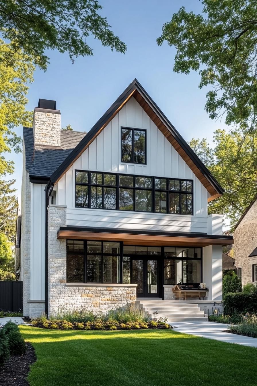 White house with black trim in a lush setting