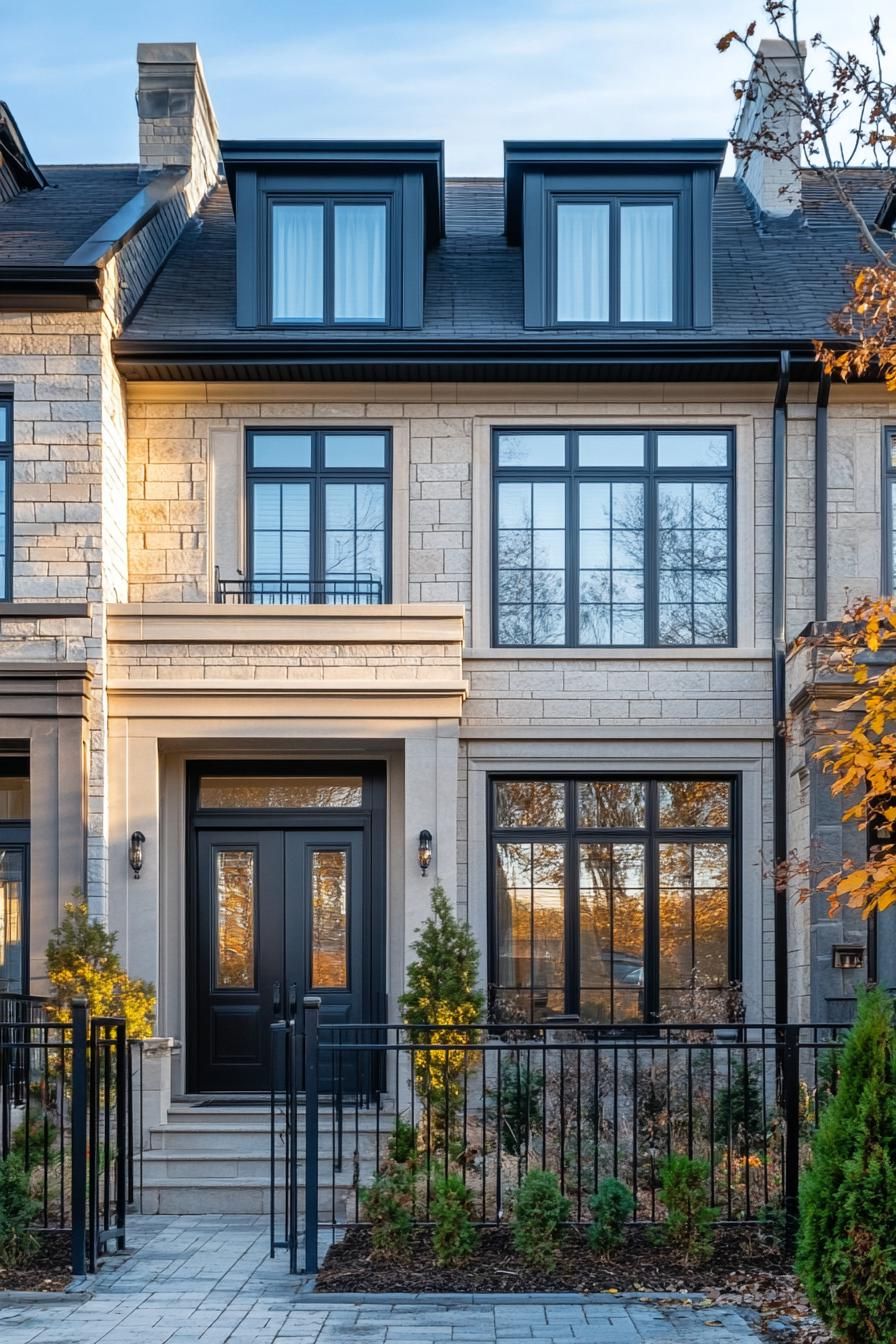 Modern townhouse with stone exterior, black windows, and a small garden