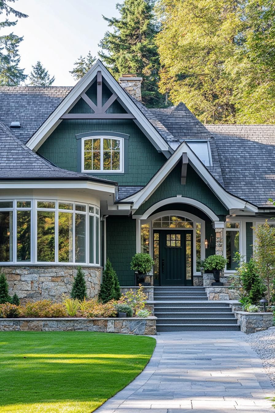 modern cottage with forest green siding stone foundation stone grey multi pitched roof white large windows with mouldings arched entry with steps