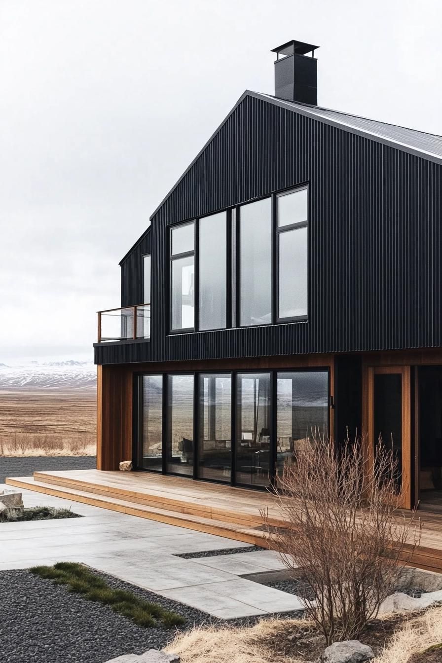 Modern barndominium with large windows and a black exterior