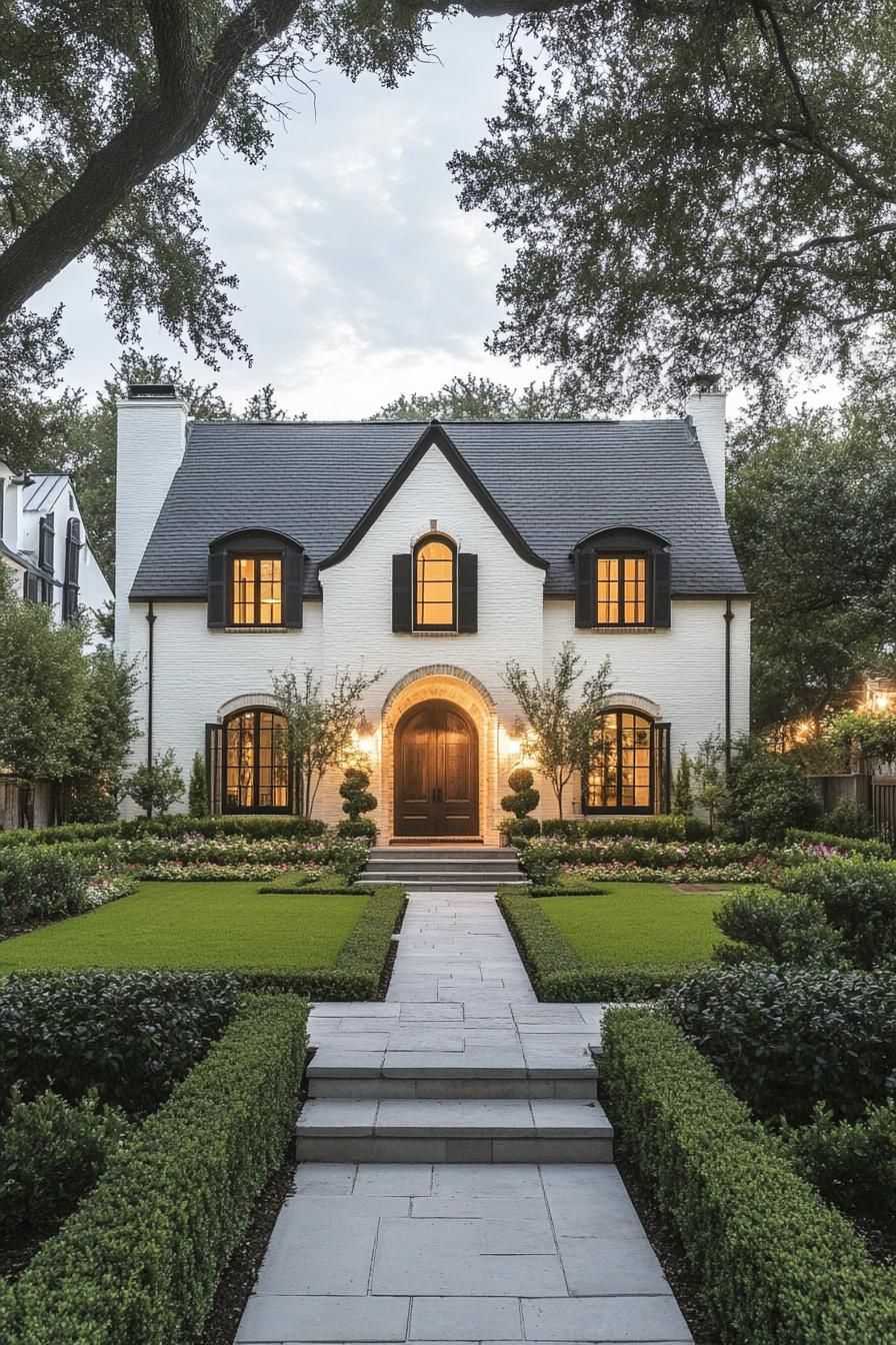 Cottage with curved roofline and glowing windows