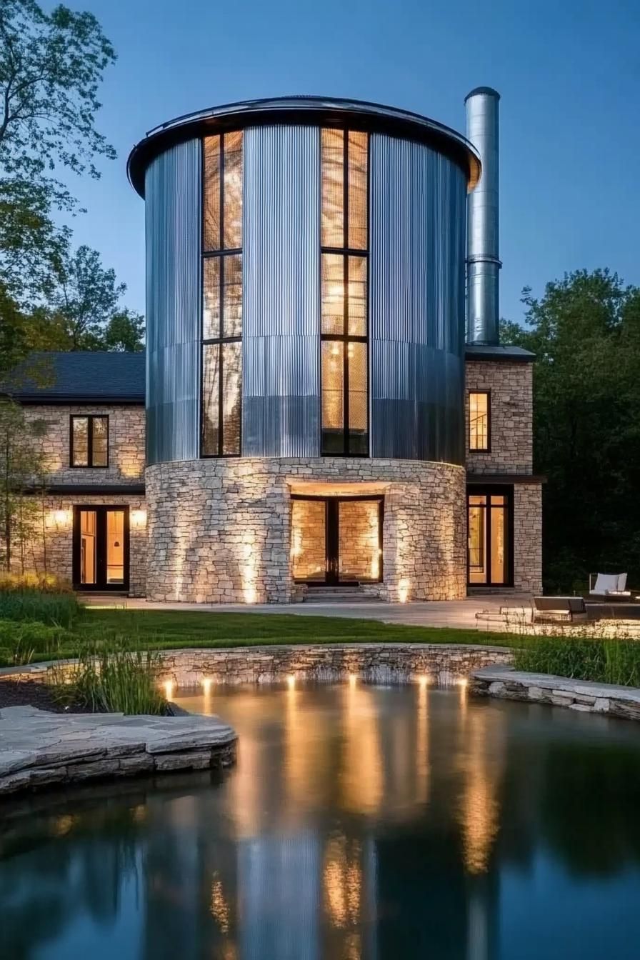 modern house made of metal grain silo on stone foundation with a pond in front the house has modern windows and doors the face is illuminated with 2