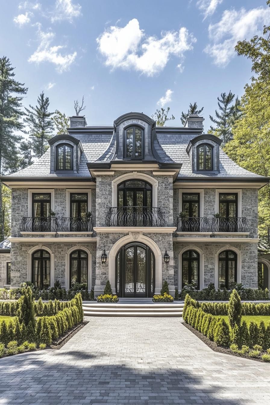 Luxury house with arched windows and a stone facade