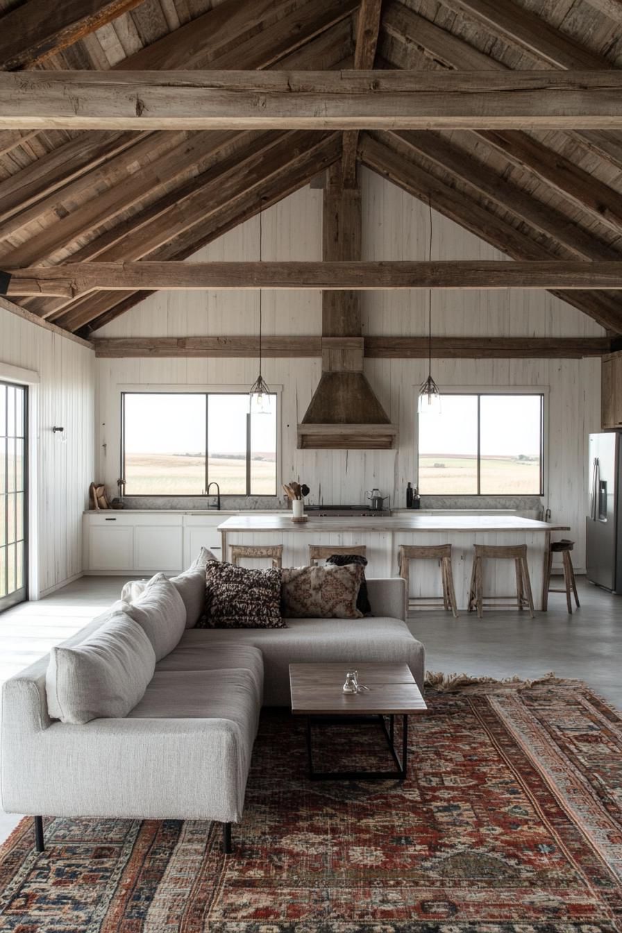 modern barndominium interior high vaulted ceiling in reclaimed wood exposed wooden beams whitewashed wood plank walls open plan kitchen at the far 1