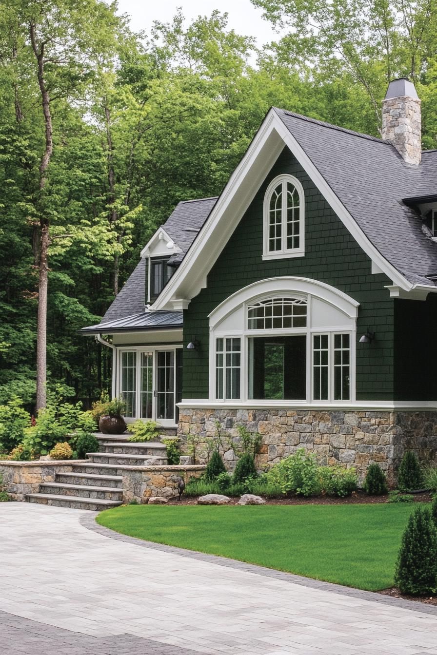 modern cottage with forest green siding stone foundation stone grey multi pitched roof white large windows with mouldings arched entry with steps 2