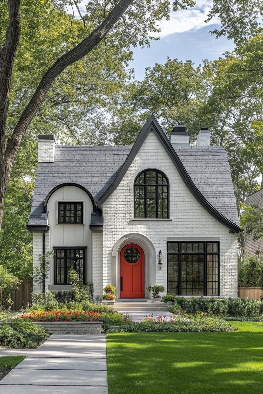 Modern Tudor house with a bold red door among trees