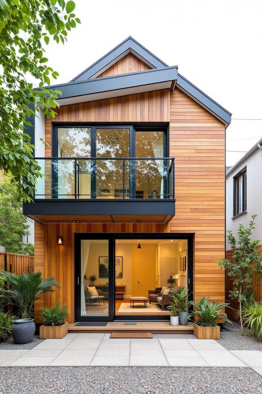 Two-story cedar house with a balcony