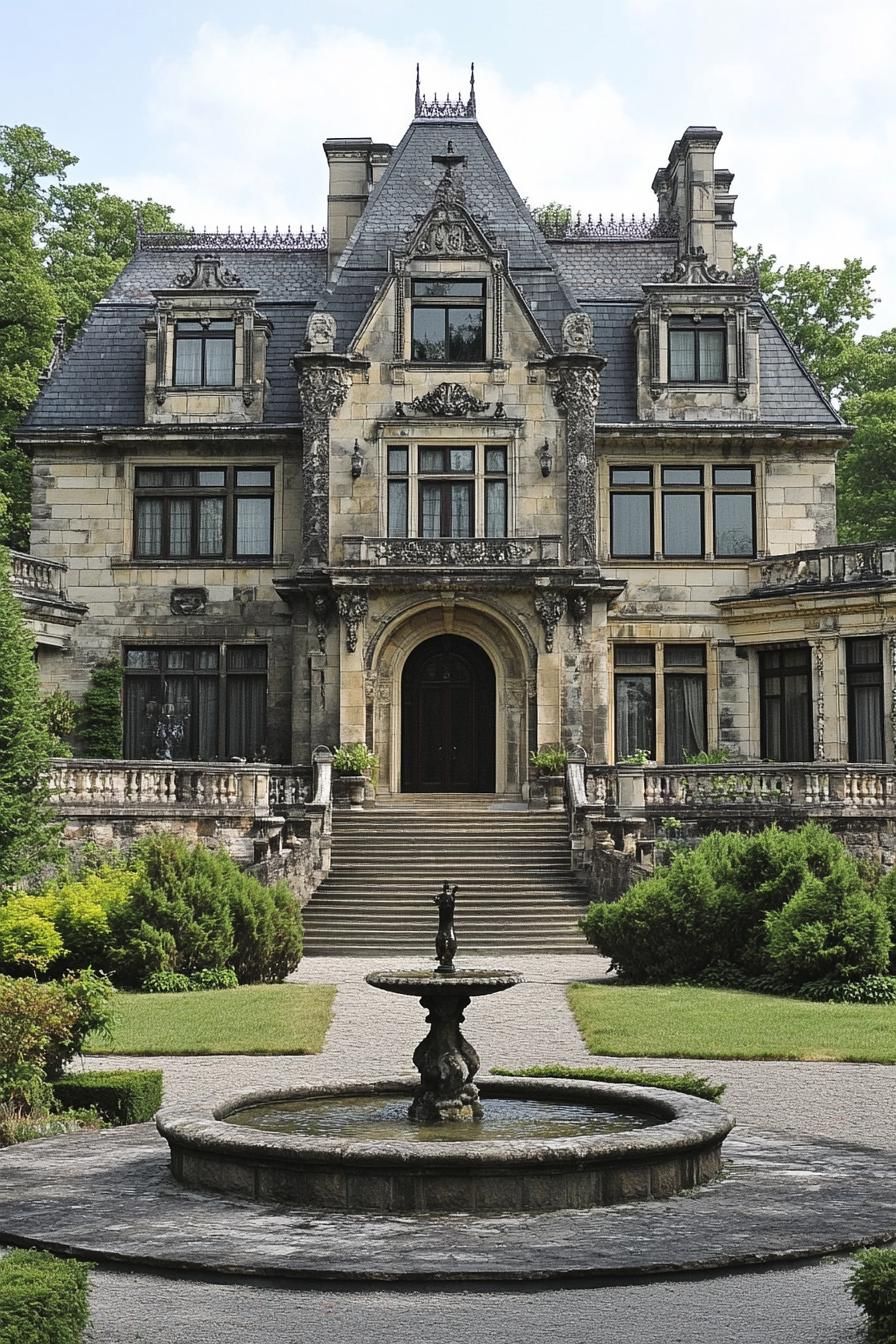 Stone mansion with ornate details and lush gardens