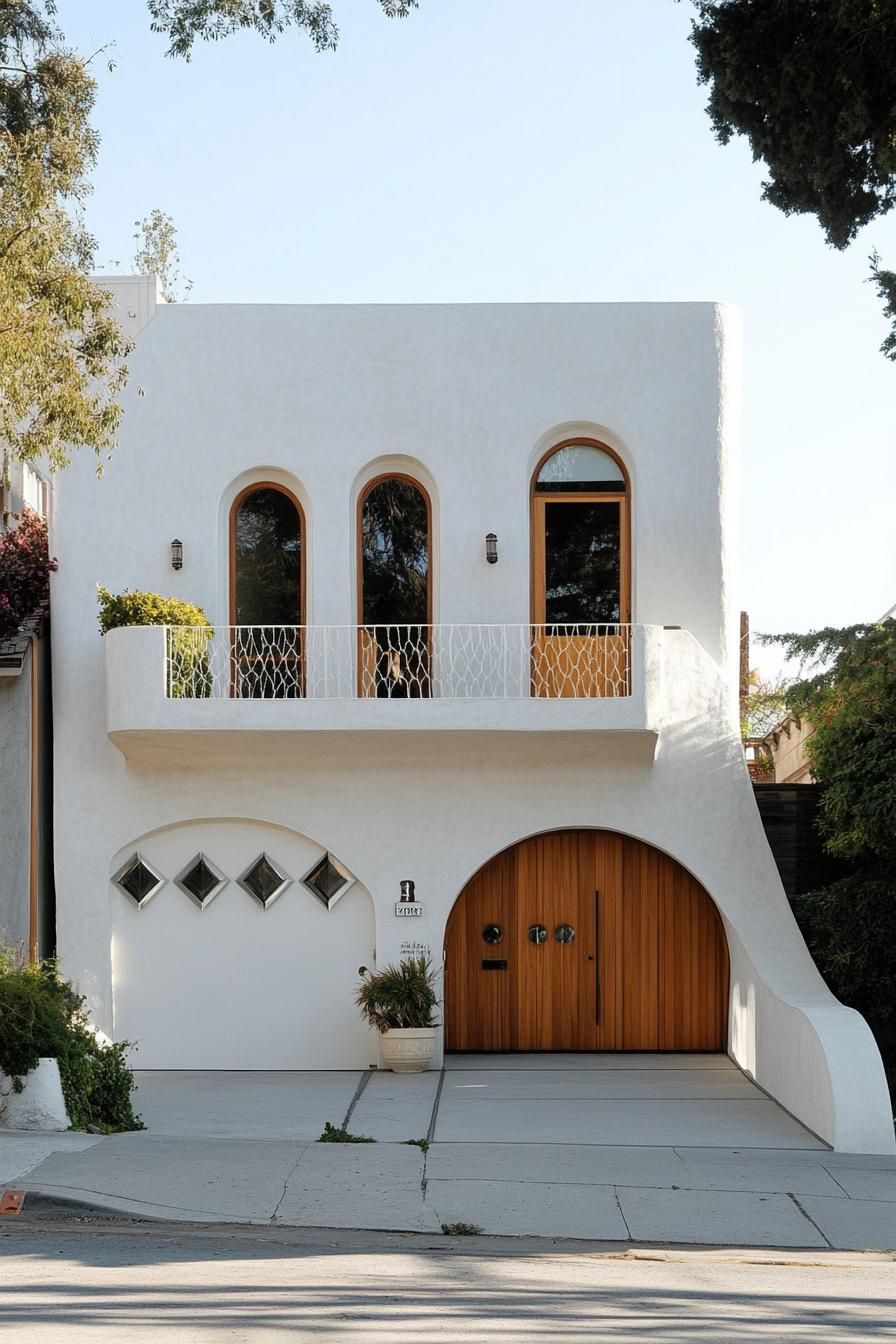 minimalist small white concrete house facade with a row of narrow arches covering balcony and windows under the balcony there is a column of small 1