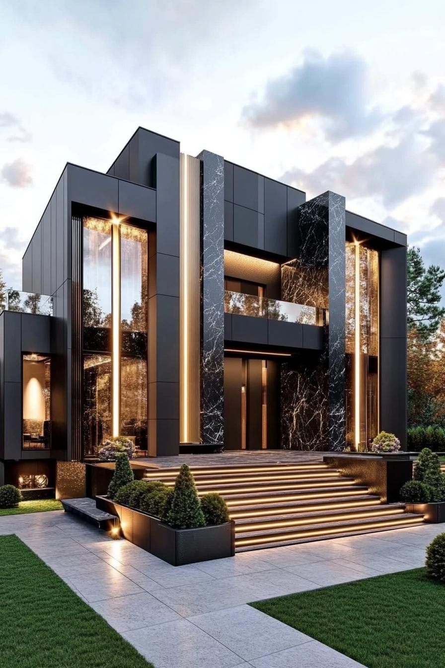 Sleek black and gold modern house exterior with steps