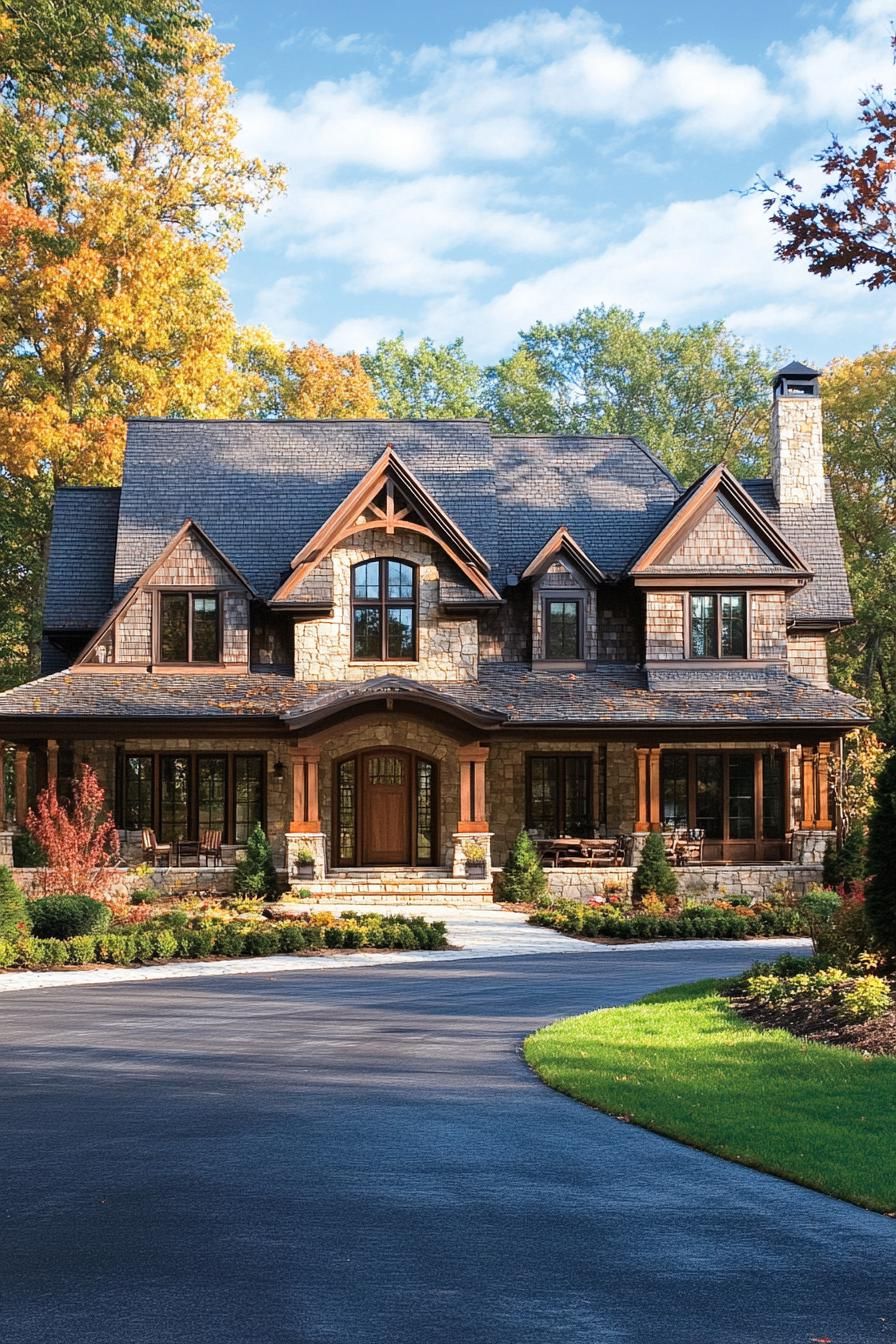 Spacious stone house with wooden accents surrounded by lush greenery