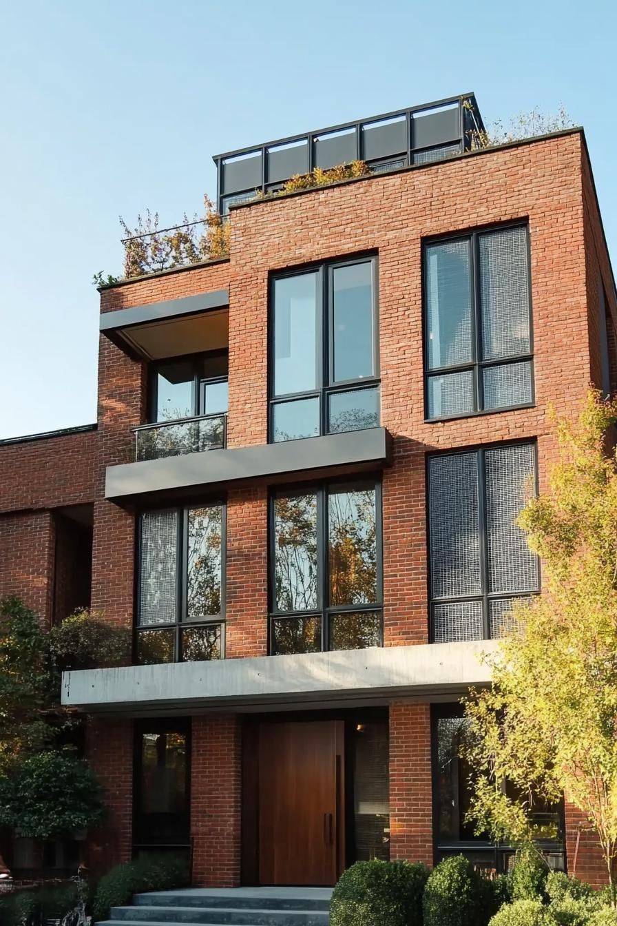 Modern brick house with large windows and a rooftop garden