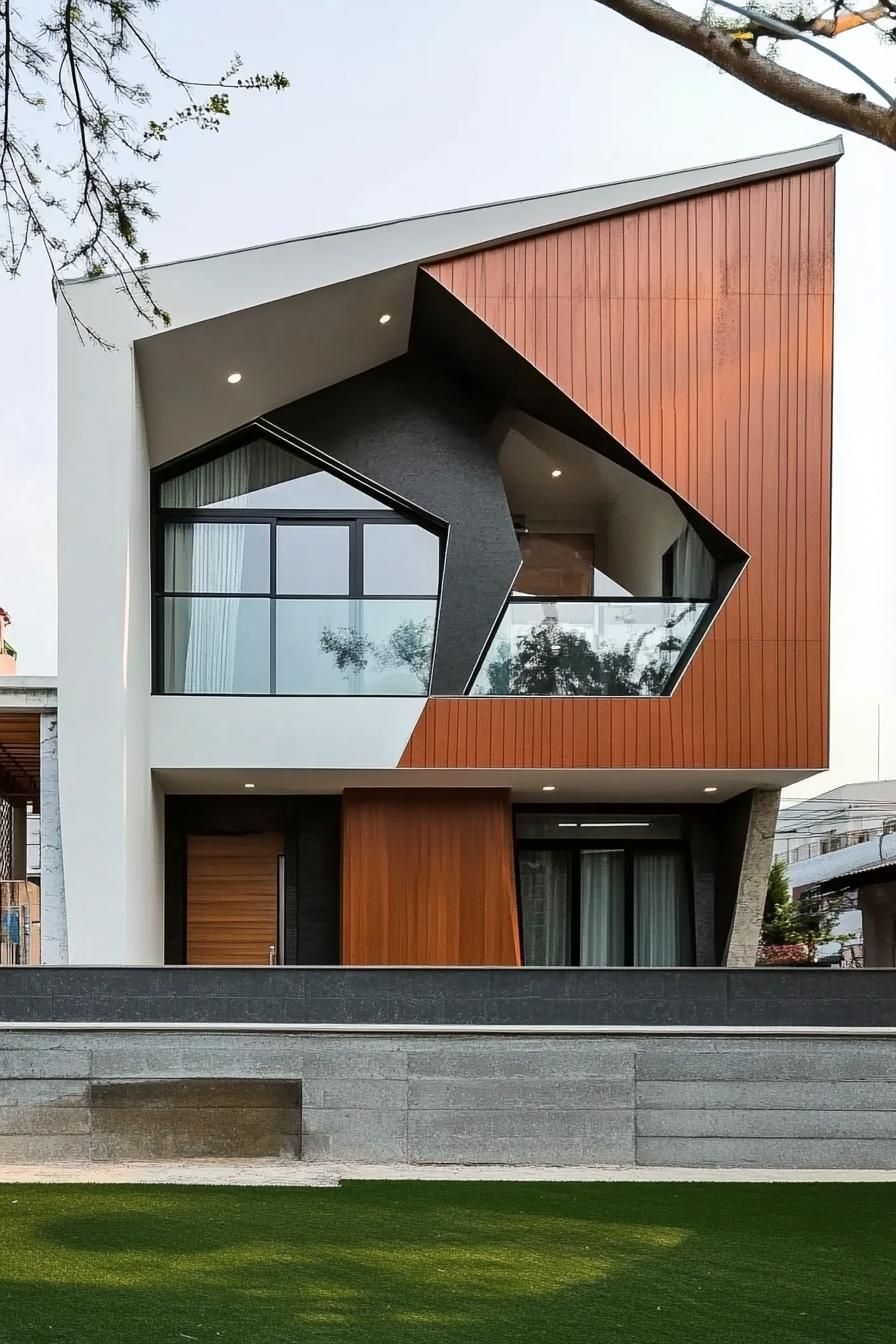 geometric modern house facade architecture with mixed materials and shapes 1